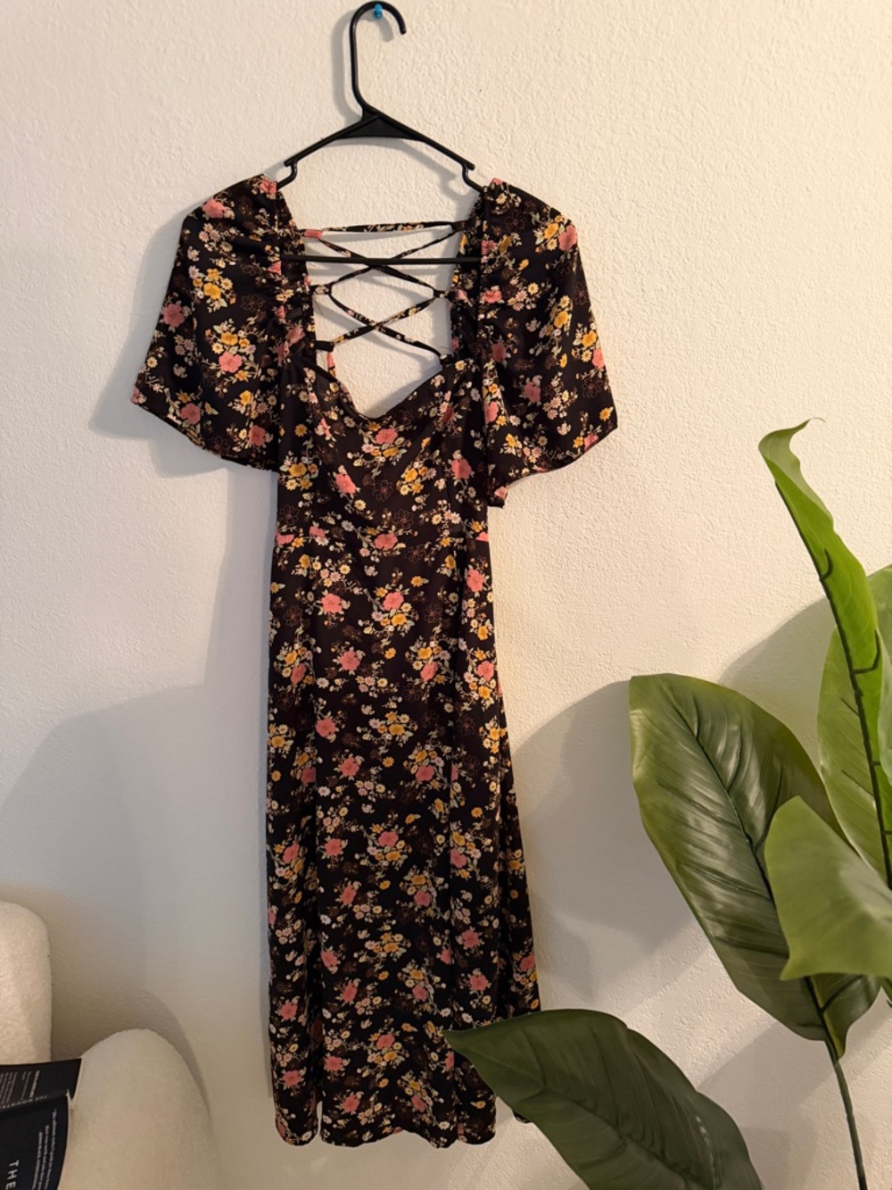 Forever 21 Black Floral Lace-Up Midi Dress with Pink & Yellow Blooms